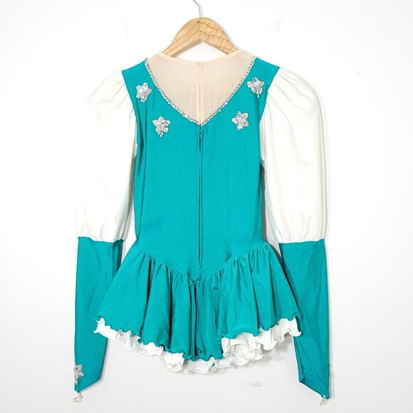 Figure Ice Skating Girl Costumes Emerald Green White Silver Sequin Long Sleeve - Picture 6 of 11